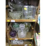 Cut glass bowls, cake stands, decanter and other glassware (three trays)