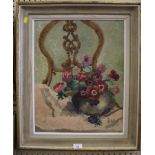 Lovie Still life of flowers and chairback Oil on canvas, signed 50cm x 40cm