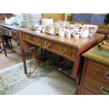 A reproduction mahogany sofa table, with two frieze drawers, and lyre supports, 143cm open, 54cm