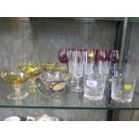 Five Bohemian red glass drinking glasses, other drinking glasses and bowls