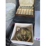 A cased set of cutlery, an egg cup, etc