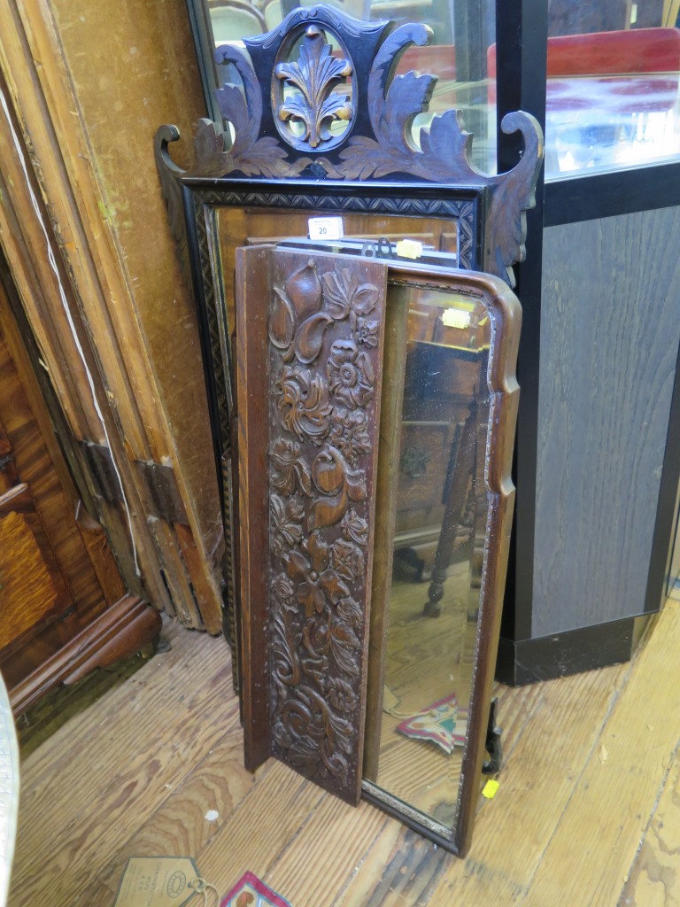 A Georgian style fret carved wall mirror, 87cm x 47cm, another Georgian style mirror 66cm x 36cm,