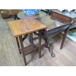 A Victorian sewing table, the square hinged top with tapering sides on a tripod base, 48cm wide