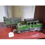 Marklin: O gauge electric 0-4-0 Steeple cab locomotive V3120 (lacks pantograph) and break van with