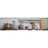 A copper kettle, copper bowl, Davy lamp, blowtorch and other metalwares