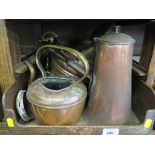 A pair of twin branch brass wall lights, various copper vessels and brassware (one tray)