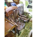 Two ash and elm high back chairs, one with turned back rails, both with turned legs (2)