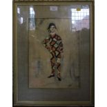 P. Dessau Full length portrait of a Harlequin Watercolour, signed 37cm x 26cm