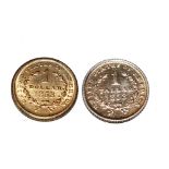 A United States gold one dollar and silver colour one tallar, both 1853