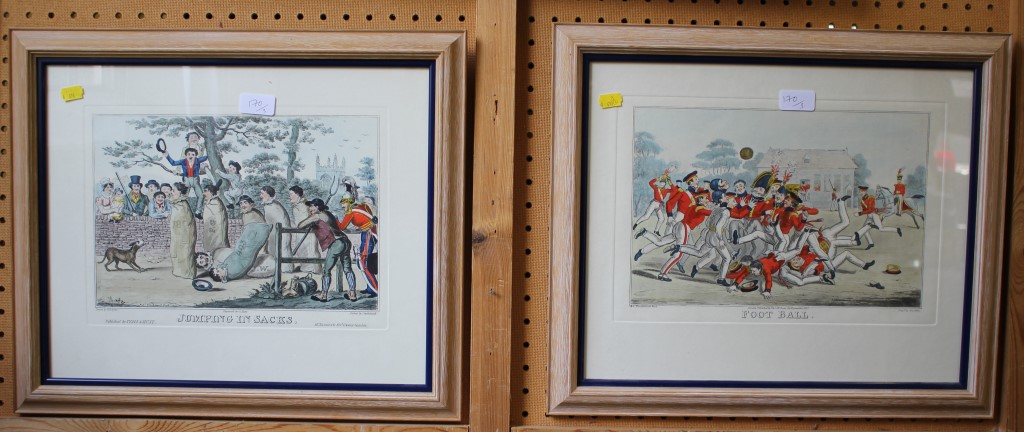 After Robert Cruikshank 'Football' & 'Jumping in Sacks' Hand coloured reproduction engravings 24cm x - Image 2 of 2