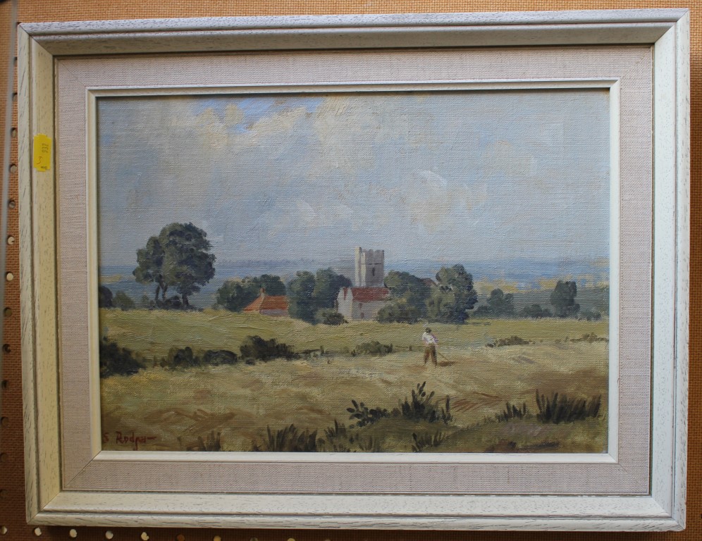 S. Rodger Workman in a field before a church Oil on board, signed 24cm x 34cm
