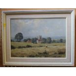 S. Rodger Workman in a field before a church Oil on board, signed 24cm x 34cm