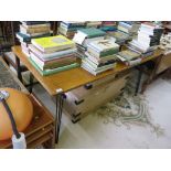 An elm rectangular dining table, with 1950s open metal legs 148.5cm long, 75cm wide