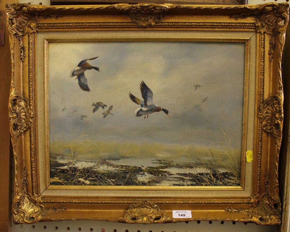 J. Brillantes Ducks in flight Oil on canvas, signed, 30cm x 40cm