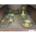 Four various Victorian brass inkwells, a brass stamp box, and other brasswares