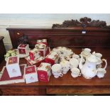 Royal Albert Old Country Roses: Various ornaments in associated boxes, a bread plate and wall clock,