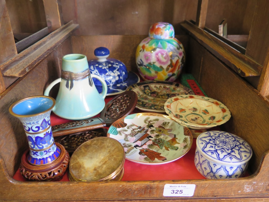 Selection of Oriental ceramics, wood items and a cloisonne vase on stand