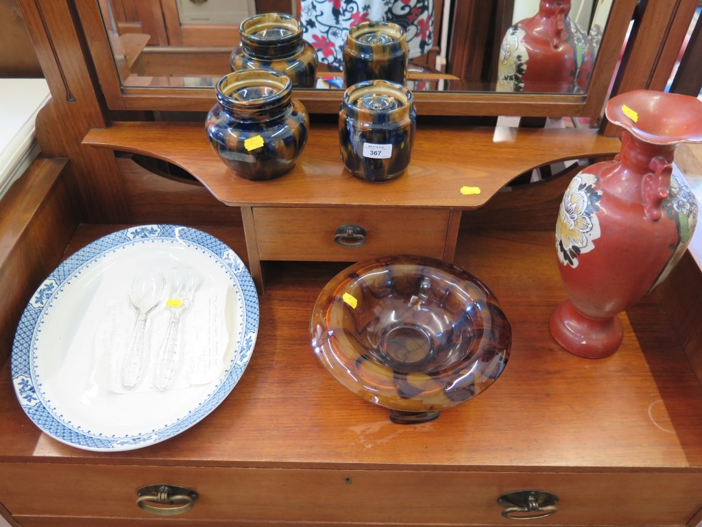 Two stoneware tobacco jars with blue glaze, a meat plate, and other ceramics and glassware