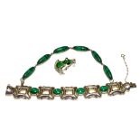 Two silver and malachite bracelets and a malachite set frog