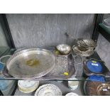 Two silver plated trays, photo frame, five dishes and two spoons