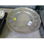 A white metal tray with pierced decoration stamped 84, possibly Egyptian