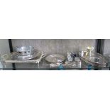 Silver plate including wavy-rim dish, three pierced trays, glass salts with spoons, sugar snips,