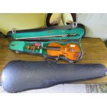 A 20th century violin, cased length of back 35.5cm (loose fingerboard and repaired) with bow, a