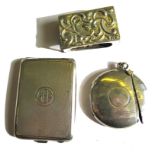 A round silver Vesta case, as found, a silver book match case, a small silver match box cover