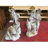 Two Lladro figures of salesmen with mules 29cm high, a figure of a Chinese girl with fish, and