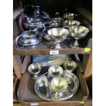 Two trays of silver plate to include a tea set, ice cream dishes, cutlery, etc