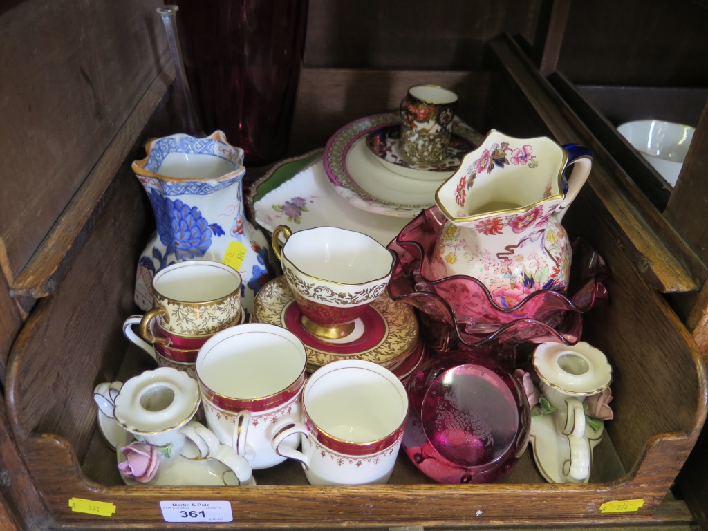 A Royal Crown Derby coffee can, with silver cup holder, various cranberry glass, a 19th century