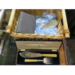 A collection of silver plate cutlery to include fish servers in presentation case, etc