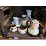 A four piece Sadder ware tea service with pink and teal bands, various Wedgwood vases and trays