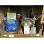 A horn handled sharpening steel, two copper saucepans, a boxed Chinese cloisonne bowl, binoculars