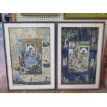 A pair of Persian paintings depicting court scenes, the ivory and blue borders with figures