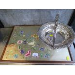 A silver plated swing handle basket and an embroidered tray (2)