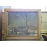 20th century British School Figures preparing vessels on a quayside Oil on canvas, unsigned 41cm x