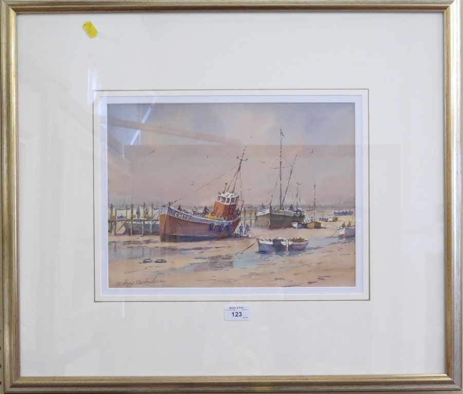 Sidney Cardew, RSMA Low Tide, West Mersey Watercolour, signed, Mall Galleries label verso 26cm x