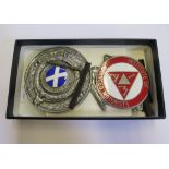 A Royal Scottish Automobile Club car badge, an I.A.M. car badge and a reproduction AA badge, also