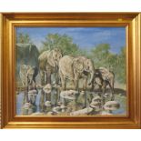 Ainsley Family of elephants at the water hole oil on board signed and dated 60 x 75cm
