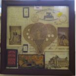 A framed set of sewing ephemera, including needle books, late Victorian, 29cm square