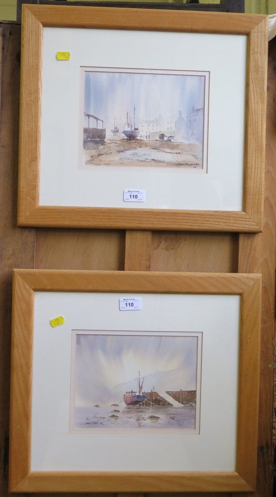 Tom McCracken 'Fowey', 'Low Tide' and a harbour scene Watercolours, signed or initialled 17cm x 21.