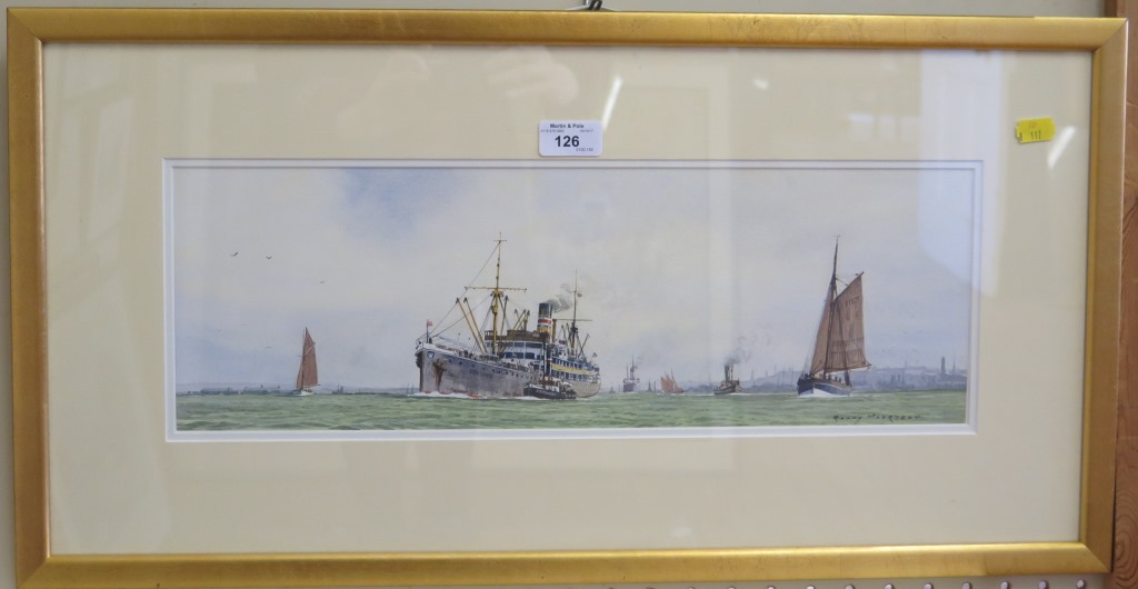 Ronny Moortgat RSMA 'Ships on the River' Watercolour Signed, Mall Galleries label verso 16cm x 49cm