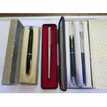 A Parker lady fountain pen, a Parker No3 propelling pencil and two other pens