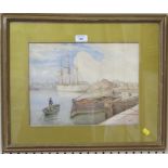 J.H. Butt Dock scene with sailing vessel Watercolour, signed 27cm x 35cm