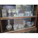 A Royal Doulton Crystal set of six tumblers and a decanter, six French crystal wine glasses, another