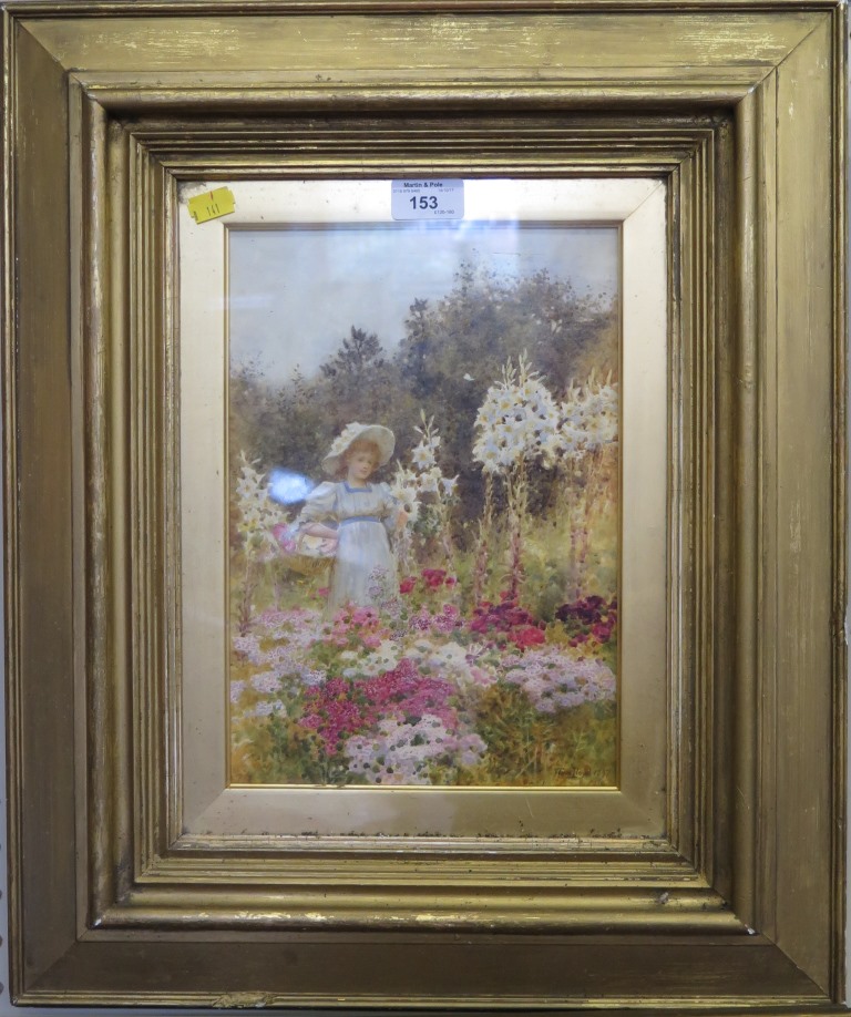 Tom Lloyd R.W.S. (1849 - 1910) Girl with basket in a flowering garden Watercolour, signed and