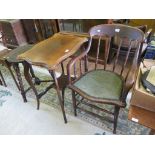A stained wood spindle turned armchair, a carved oak occasional table and two other occasional