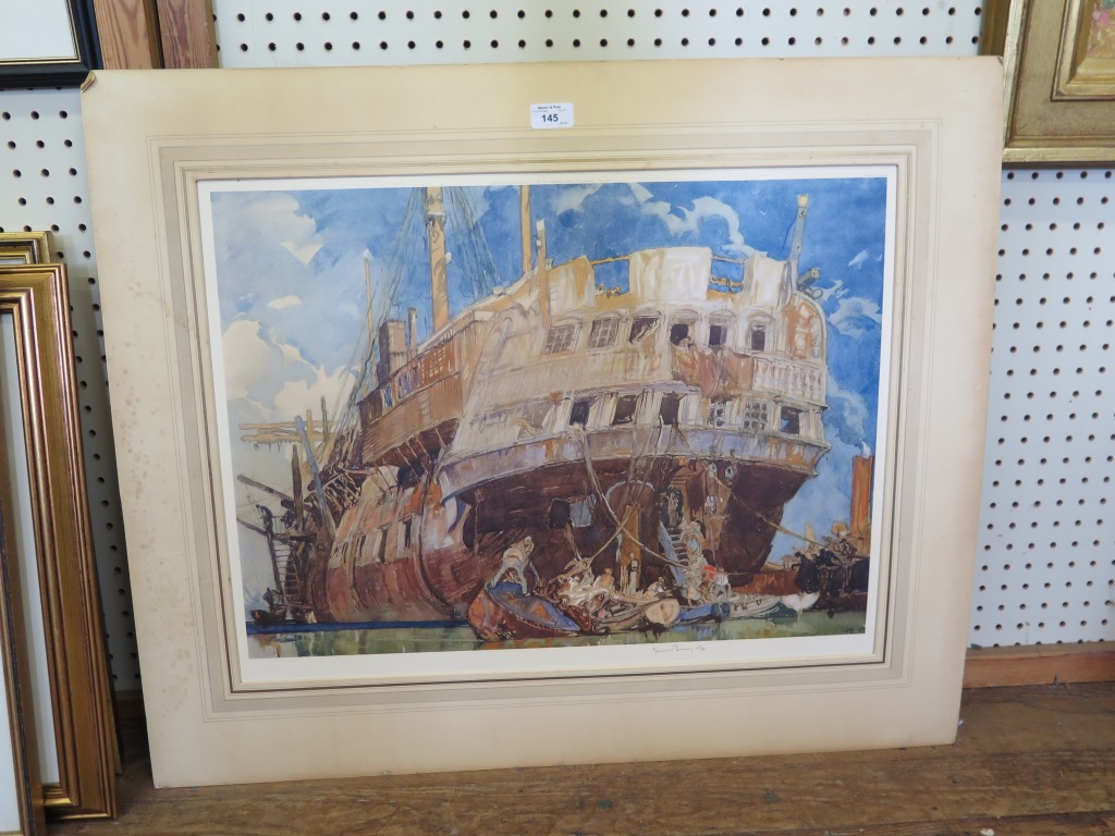 Sir Frank Brangwyn RA RWS RBA (1867 -1956) Galleon under construction Colour lithograph Signed in