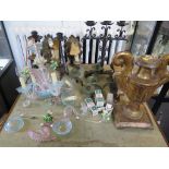 A Murano glass chandelier, as found, and various wall lights and iron candelabra
